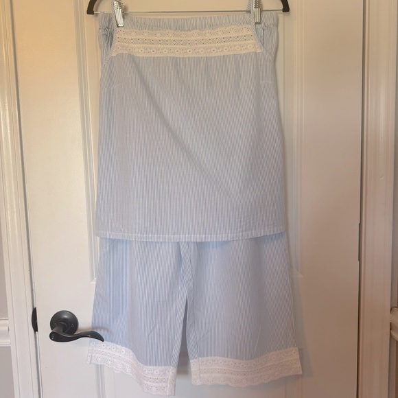 Shabby Chic Blue and White Striped Pajama Set with Lace Trim Size Medium - Picture 1 of 8